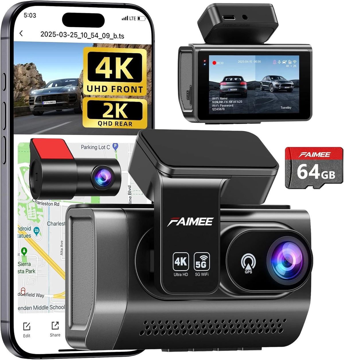 4K front and rear dash camera