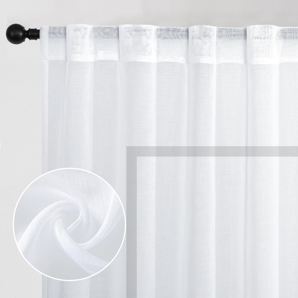 DWCN White Faux Linen Sheer Curtains with Tiebacks, Set of 2 Panels
