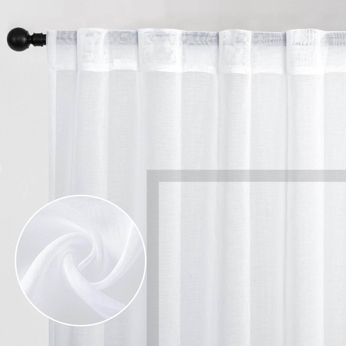 DWCN White Faux Linen Sheer Curtains with Tiebacks, Set of 2 Panels