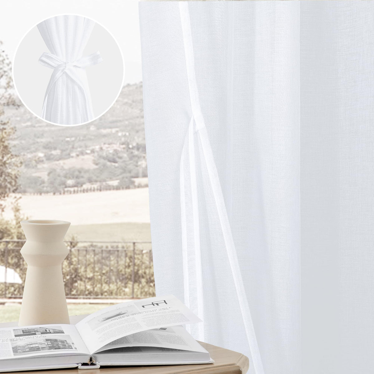 DWCN White Faux Linen Sheer Curtains with Tiebacks, Set of 2 Panels
